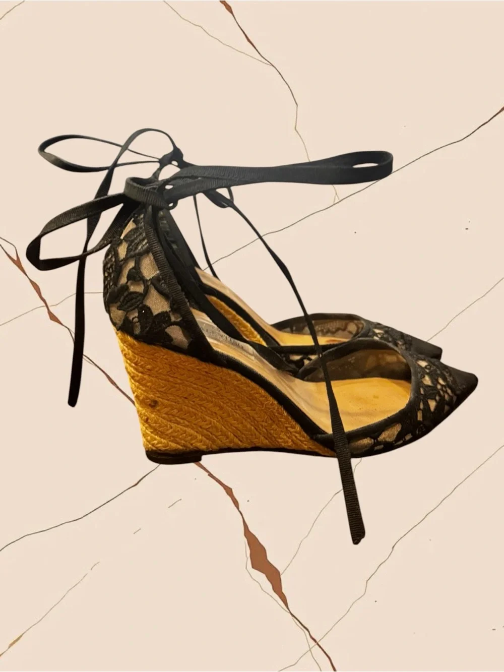 VALENTINO black lace mesh wedge pumps